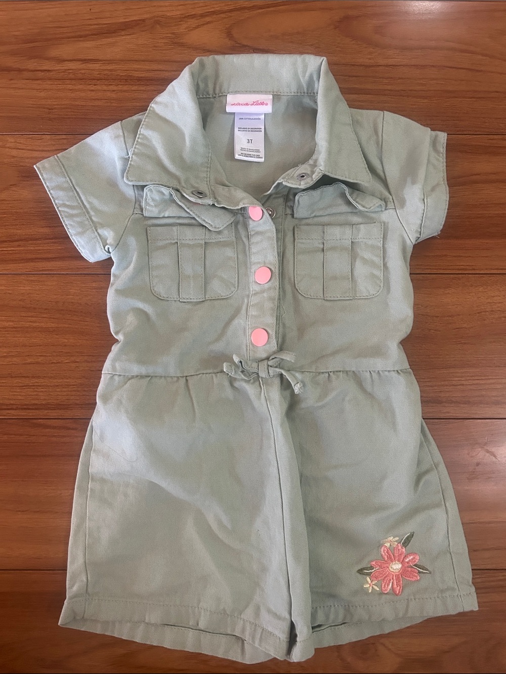 Wonderkids Sage Green Romper with Pink Buttons and Floral Embroidery